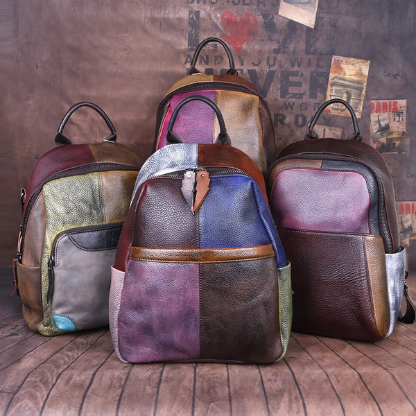 MOTAORA New Hand-Painted Genuine Cow Leather Backpack for Women, Vintage Retro Travel Bag Paneled Design Casual Fashion Backpack