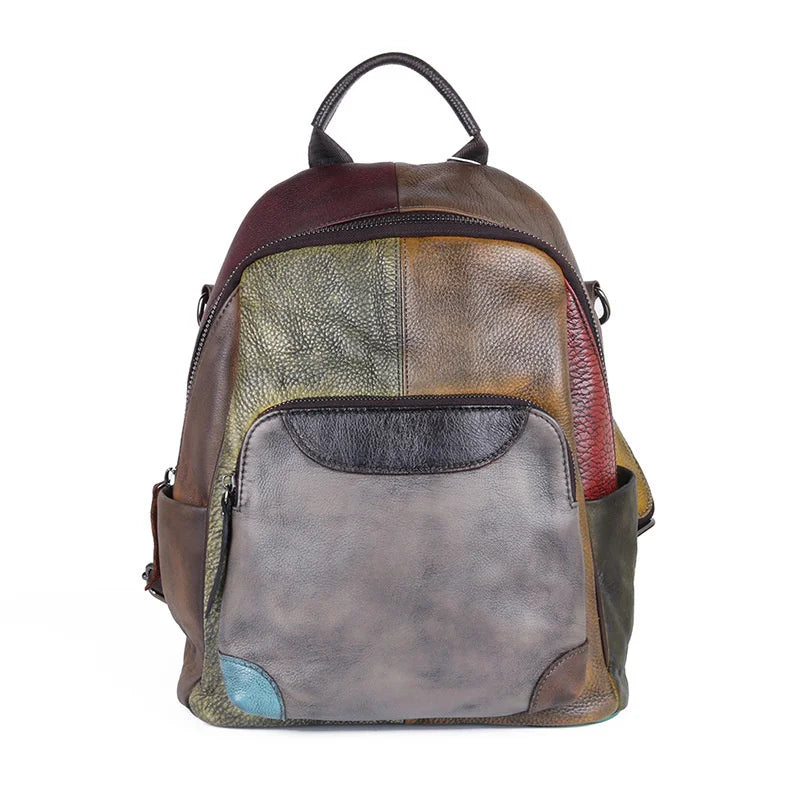 MOTAORA New Hand-Painted Genuine Cow Leather Backpack for Women, Vintage Retro Travel Bag Paneled Design Casual Fashion Backpack