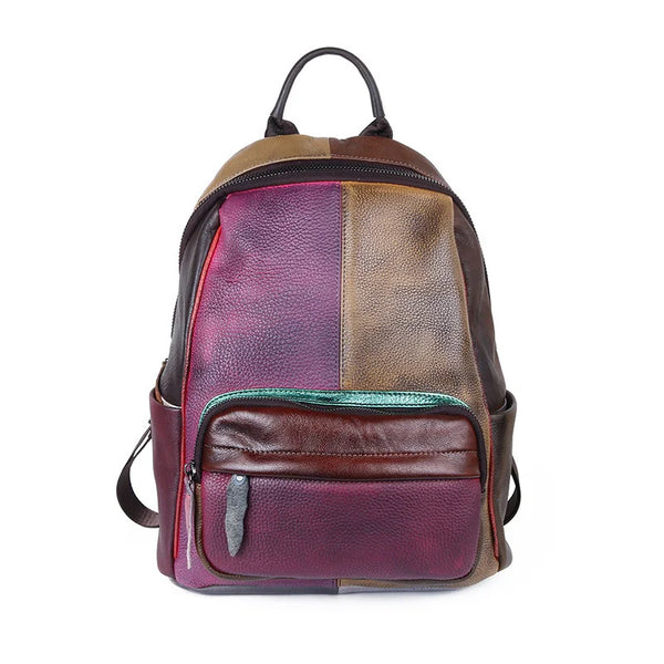 MOTAORA New Hand-Painted Genuine Cow Leather Backpack for Women, Vintage Retro Travel Bag Paneled Design Casual Fashion Backpack