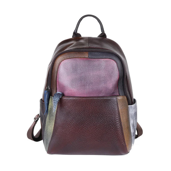 MOTAORA New Hand-Painted Genuine Cow Leather Backpack for Women, Vintage Retro Travel Bag Paneled Design Casual Fashion Backpack