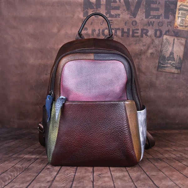 MOTAORA New Hand-Painted Genuine Cow Leather Backpack for Women, Vintage Retro Travel Bag Paneled Design Casual Fashion Backpack