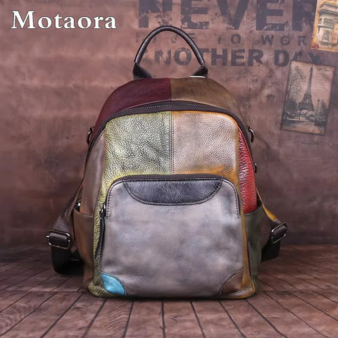MOTAORA New Hand-Painted Genuine Cow Leather Backpack for Women, Vintage Retro Travel Bag Paneled Design Casual Fashion Backpack