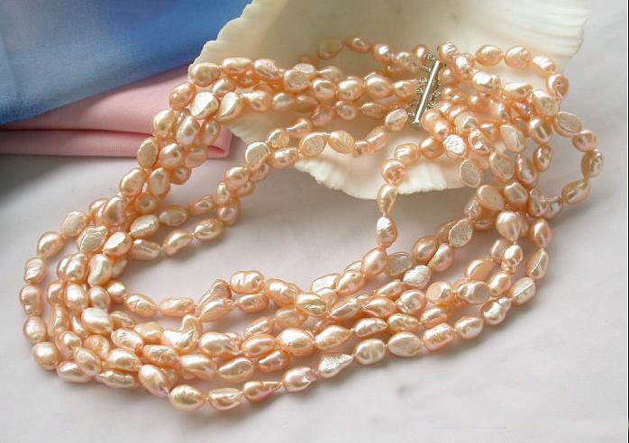 Pearl Necklace,6Rows 9-12mm Pink Baroque Freshwater Cultured Pearl