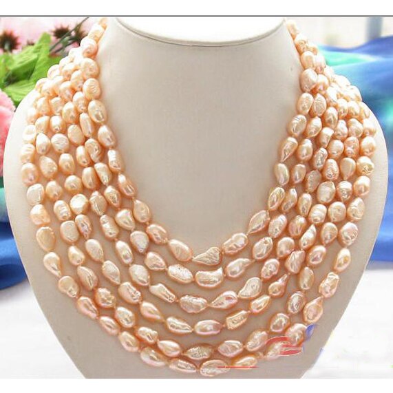 Pearl Necklace,6Rows 9-12mm Pink Baroque Freshwater Cultured Pearl