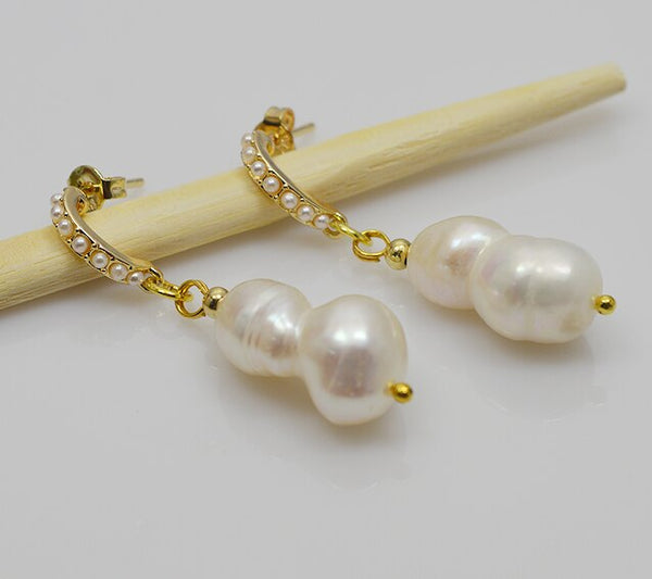 100% Natural Baroque Pearl Earring White Real S925 needle